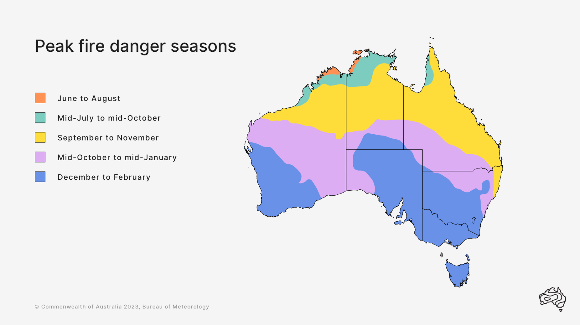 Map showing the fire seasons in Australia.